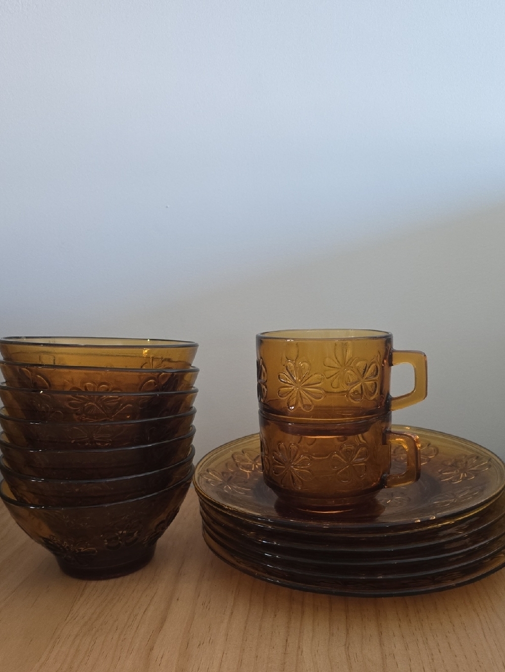 70s Amber Floral Glass Dinnerware Set - 15 Pieces